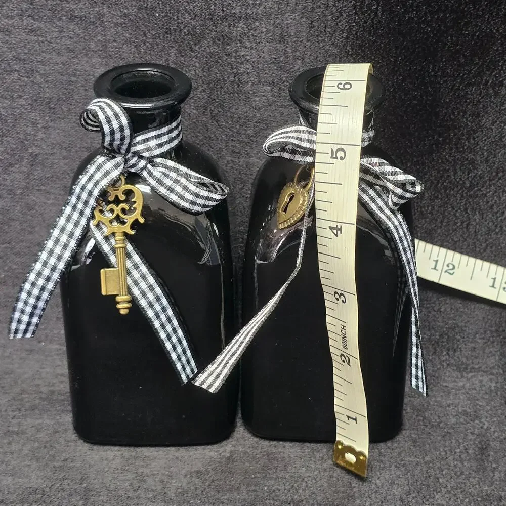 Country Mini Bud Vase Black Bottle Checkered Ribbon with Key & Heart Charms